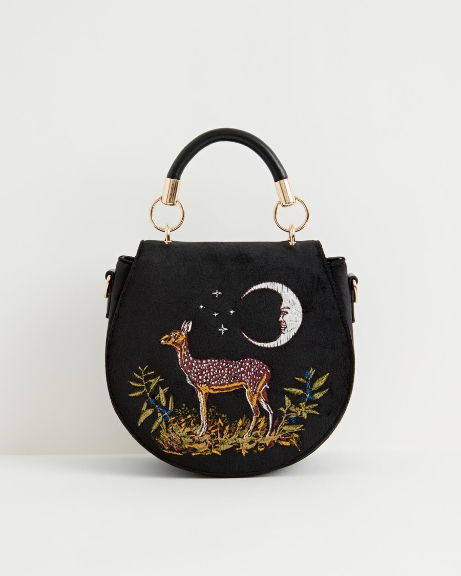 Handtassen Fable England | Deer & Moon Geborduurde Zadeltas Zwart Fluweel